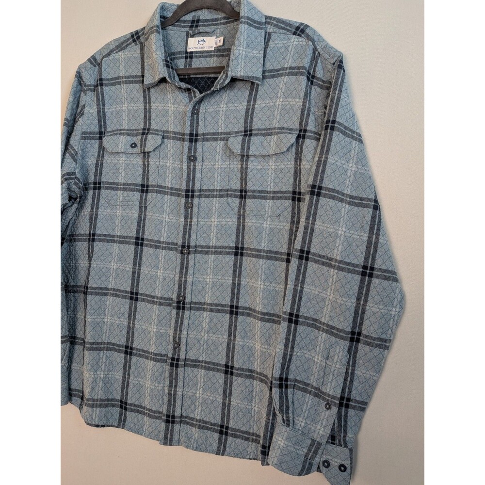 Southern Tide Mens XL Quilted Button Down Plaid Shirt Long Gray Blue Warm Casual - Picture 2 of 14